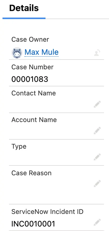 Service Cloud case showing associated ServiceNow incident ID.