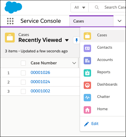 Object selector within the navigation bar of the Service Console app.