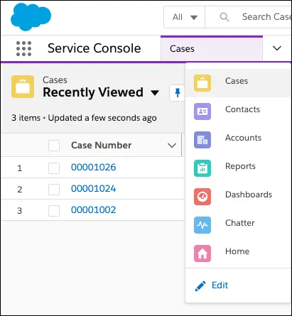  Object selector within the navigation bar of the Service Console app.