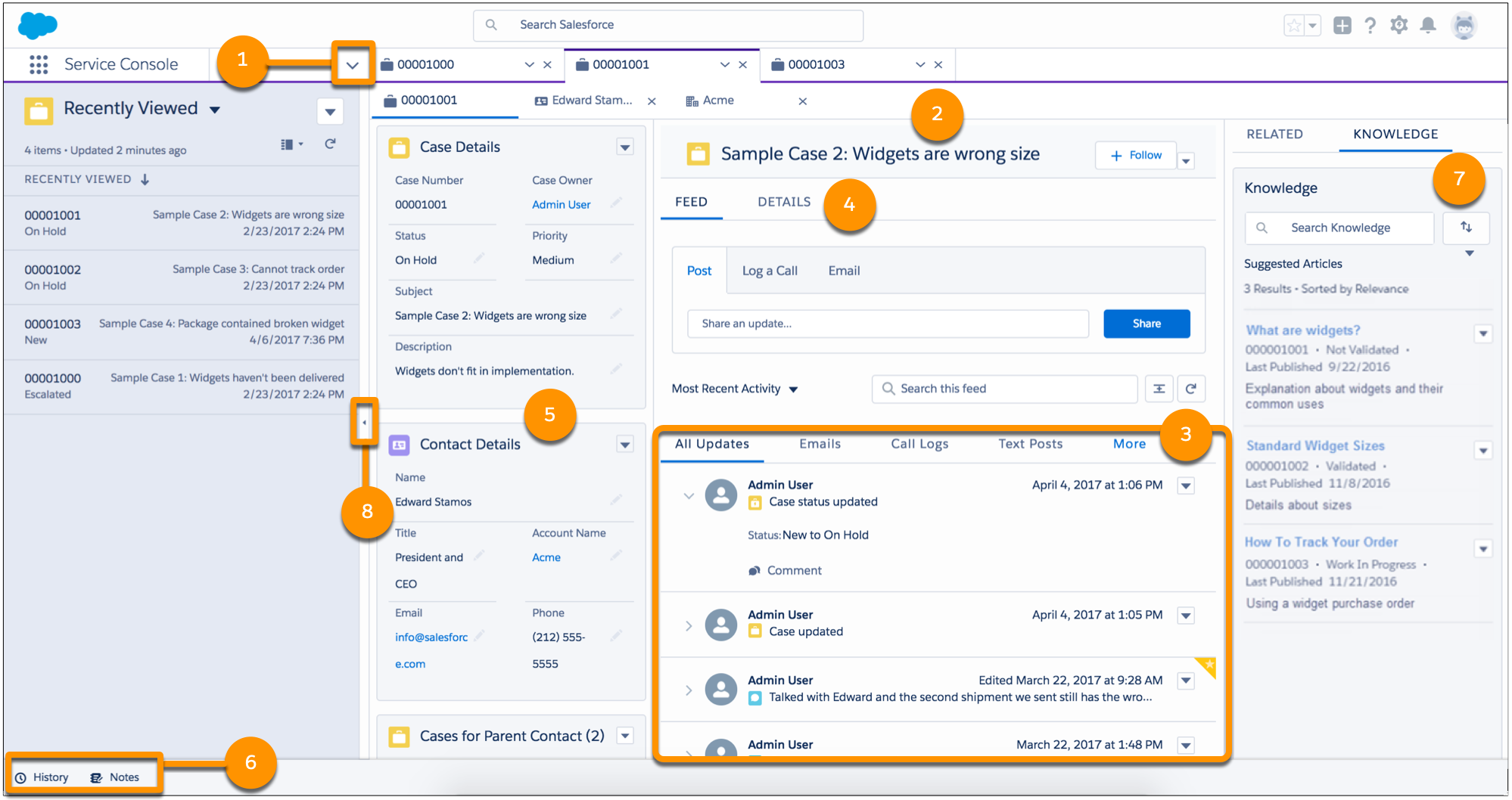 Highlights of Service Console, including the Navigation Bar, Case Feed, Related Records, and more.