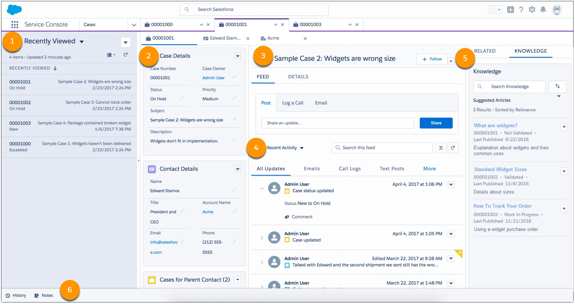 O console com os principais recursos de voz do Service Cloud indicados.