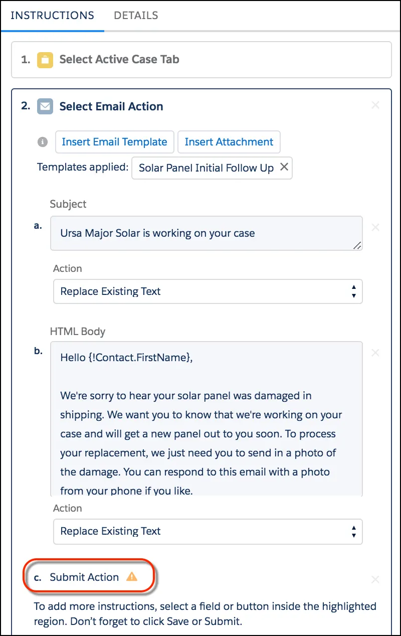 Instruction for the Email action, showing a template applied with the Submit Action highlighted