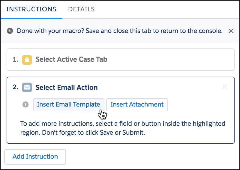 Instrução da ação Email mostrando um botão para inserir um modelo de email