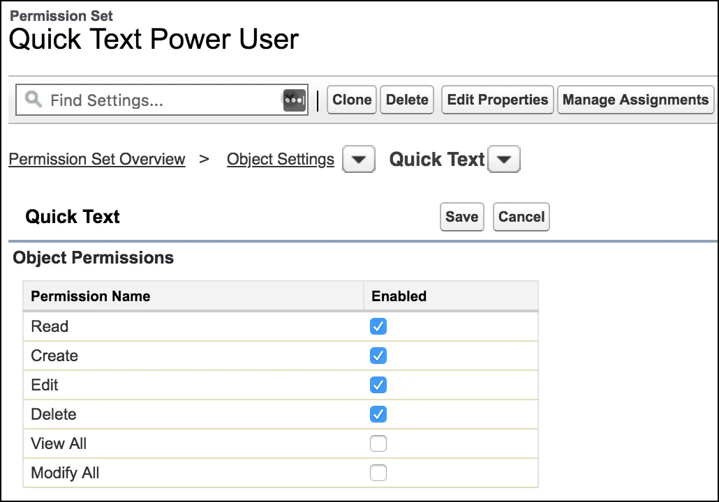 Page to create a permission set, showing quick text object permissions