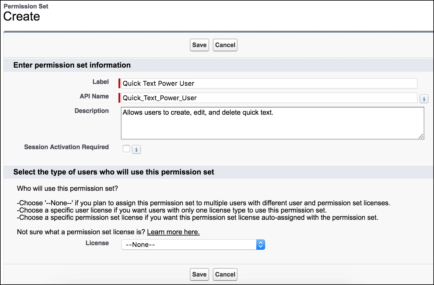 Permission creation page showing a new permission set called Quick Text Power User with no user licenses defined.