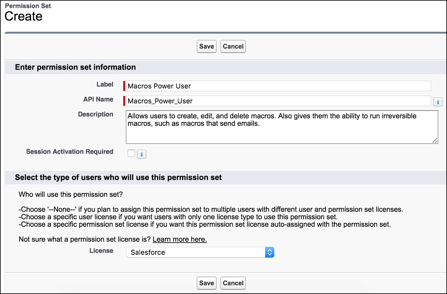 Page to create a permission set, showing information for macros