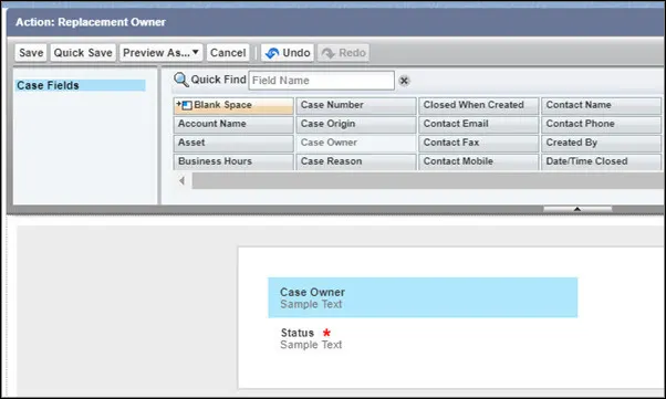 Action layout editor page, showing the Status and Case Owner fields in the layout