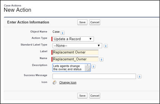 New action page, showing information to create an update action for cases