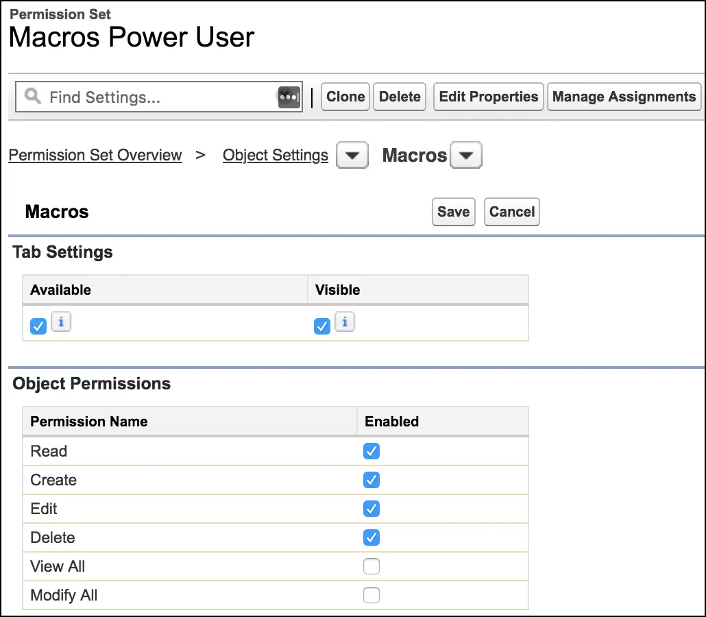 Page to create a permission set, showing macros object permissions