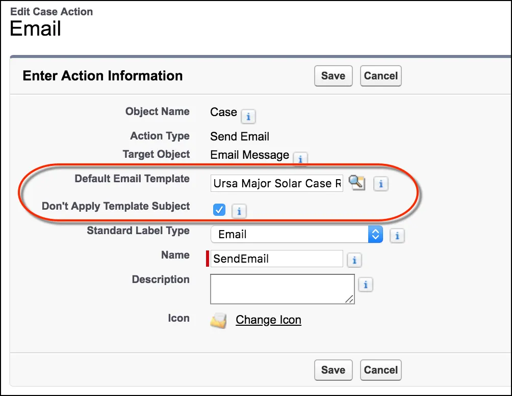 Edit action page, showing the Email action's email template information