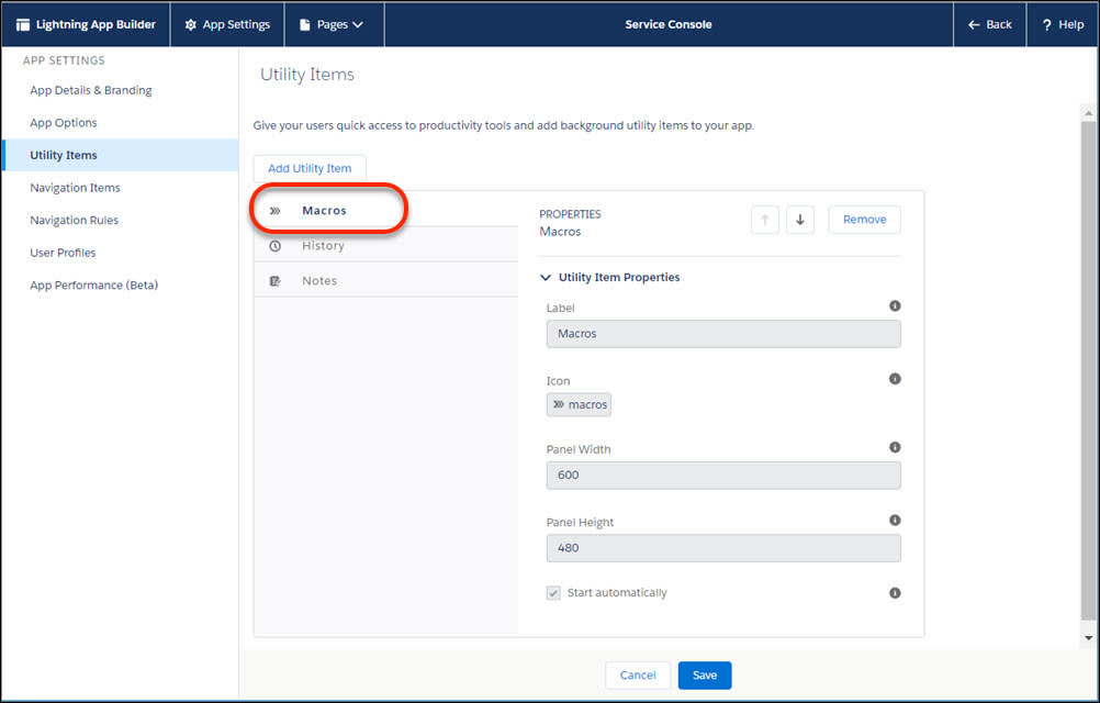 Page des paramètres des éléments utilitaires de l’application Console de service, avec l’utilitaire Macros affiché