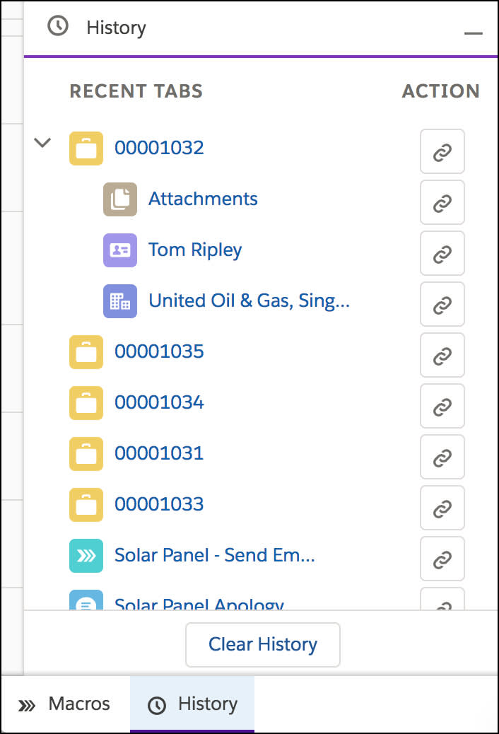 History utility, showing a nested contact under a case record