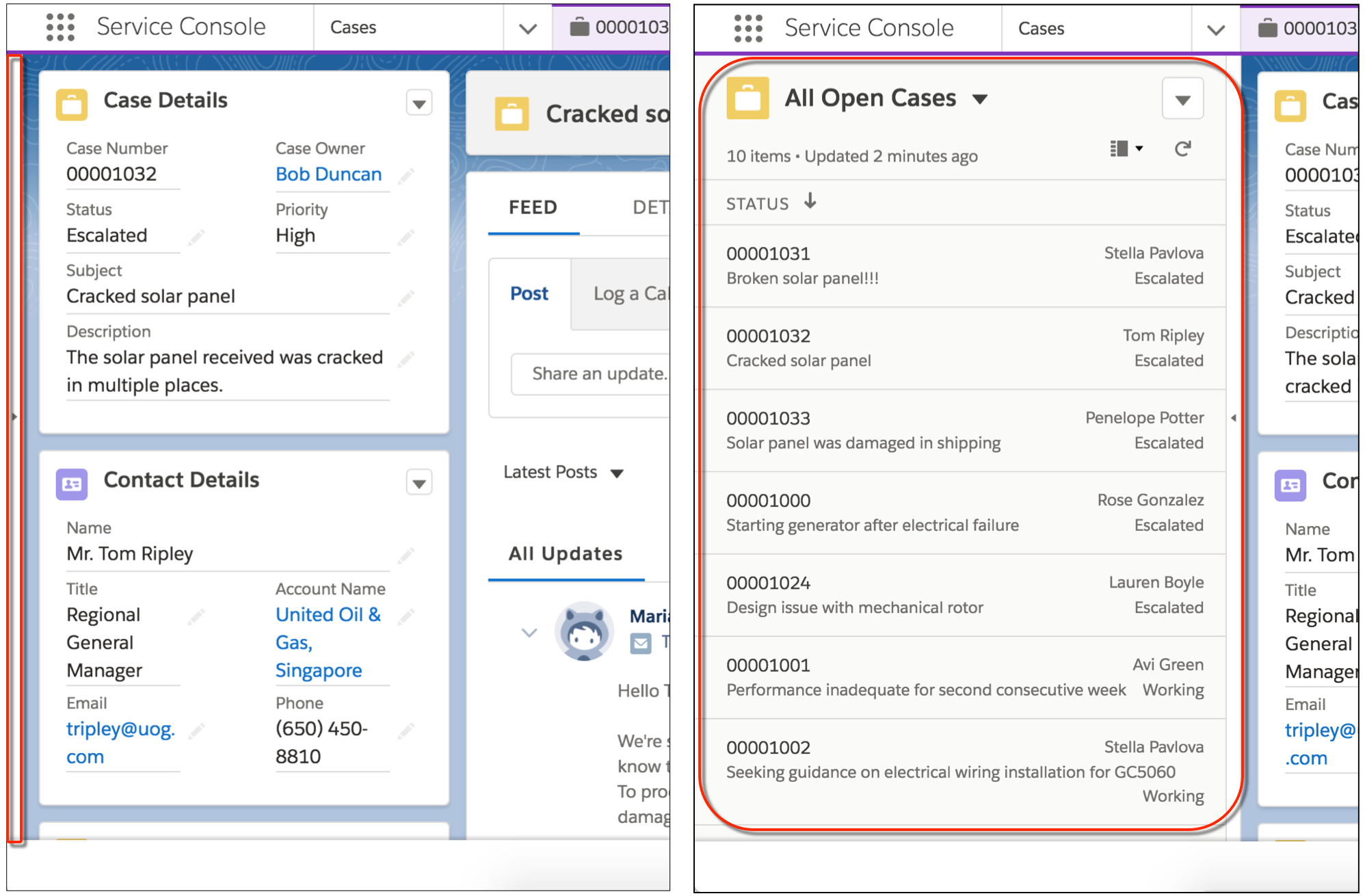 Two side-by-side images of the Service Console, one showing split view closed and the other with split view open