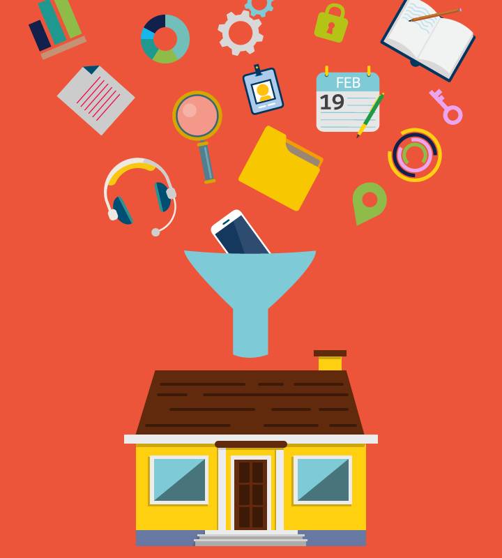 Pieces of data “flying” into a house, representing how disorderly data becomes organized in Service Cloud.