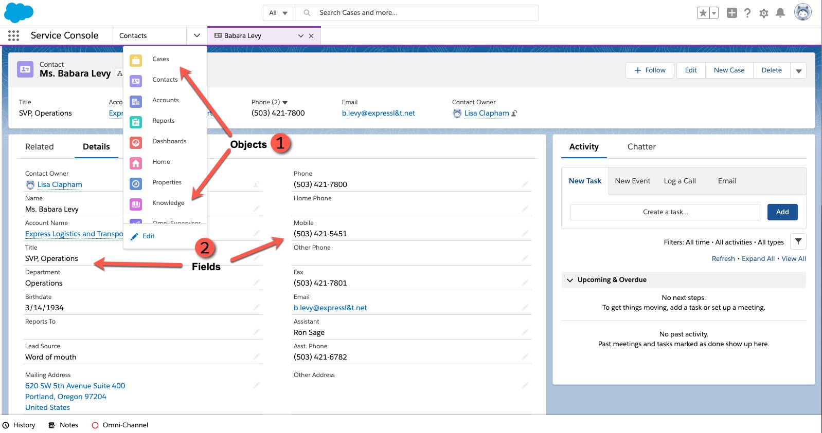 The Contact object page highlighting (1) The list of objects in the Service Console and (2) Fields on the record details of a contact record.