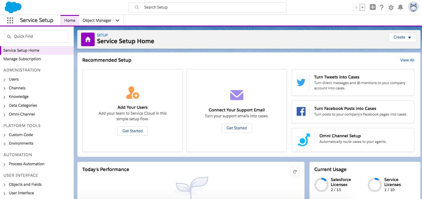 Service Setup Home page