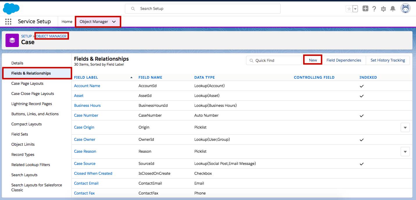 Object Manager page within the Setup menu, with the Object Manager tab and New field button highlighted.