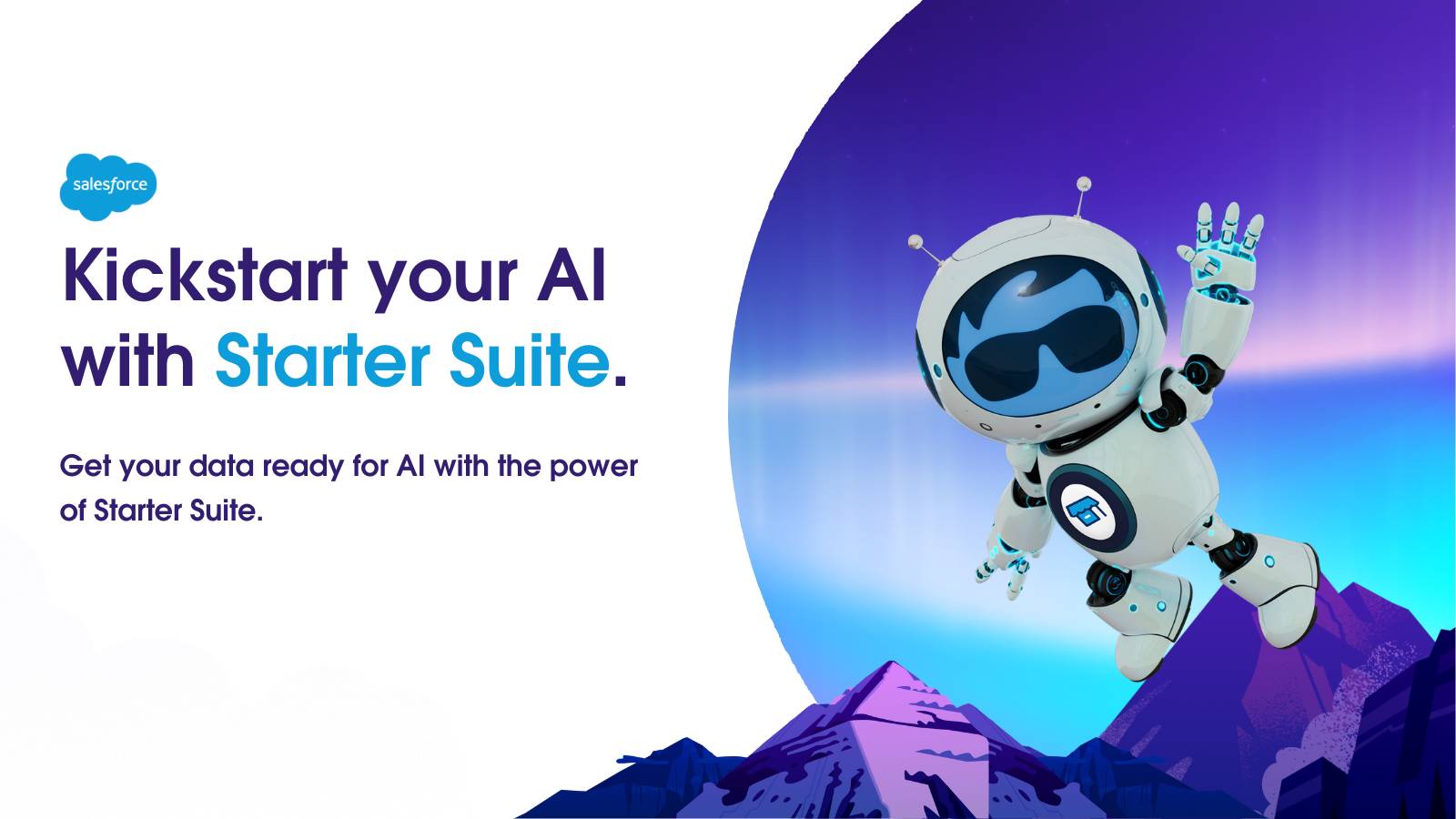 'Illustration mit Astro in einer Berglandschaft und dem Schriftsatz Kickstart your AI with Starter Suite'