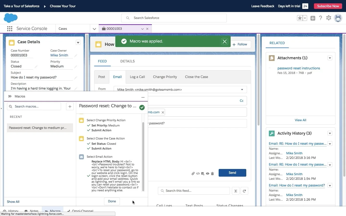 An open case in the console in Salesforce with the macros component open