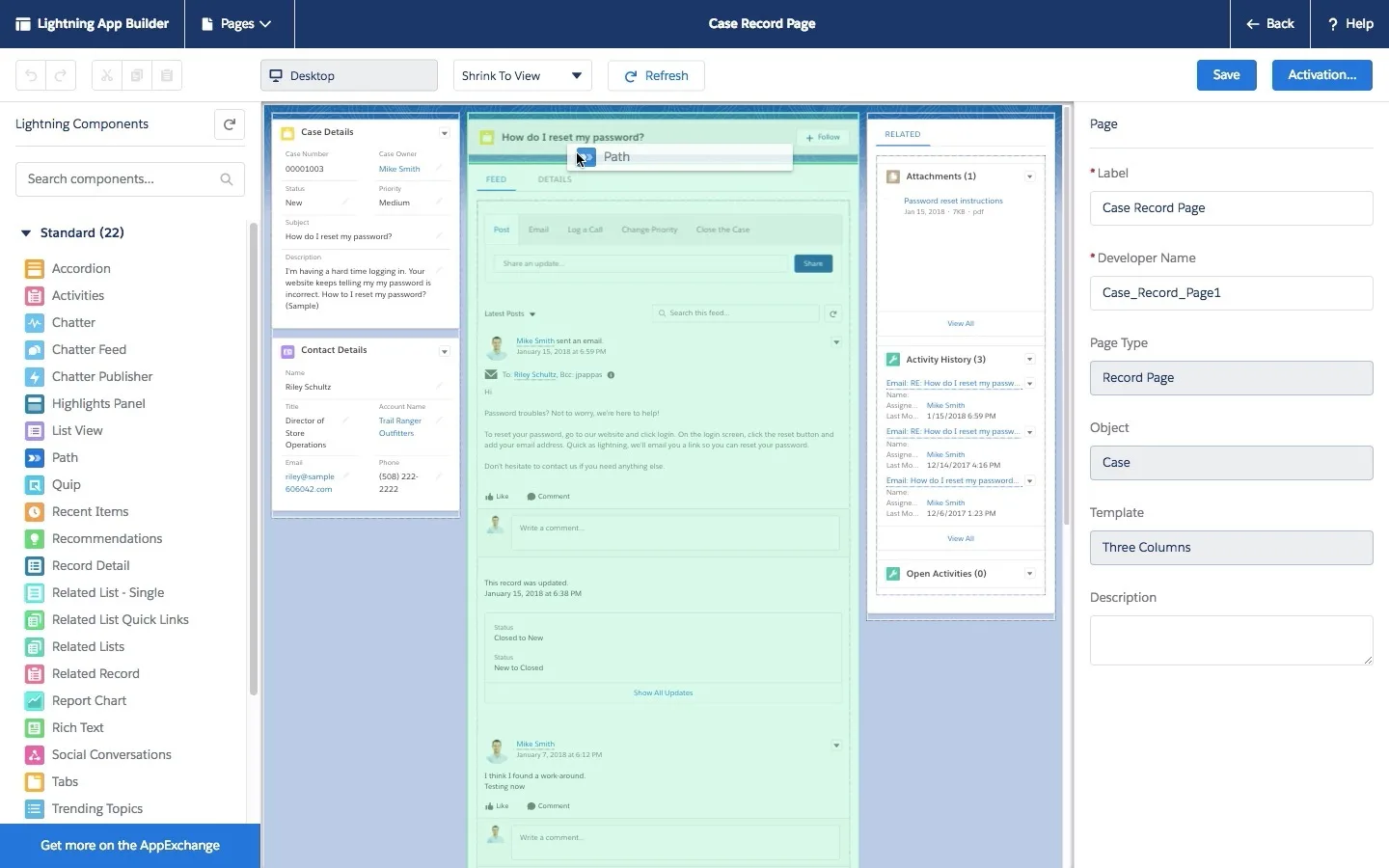 A layout shown in Lightning App Builder with a point and click interface to move components around on the page