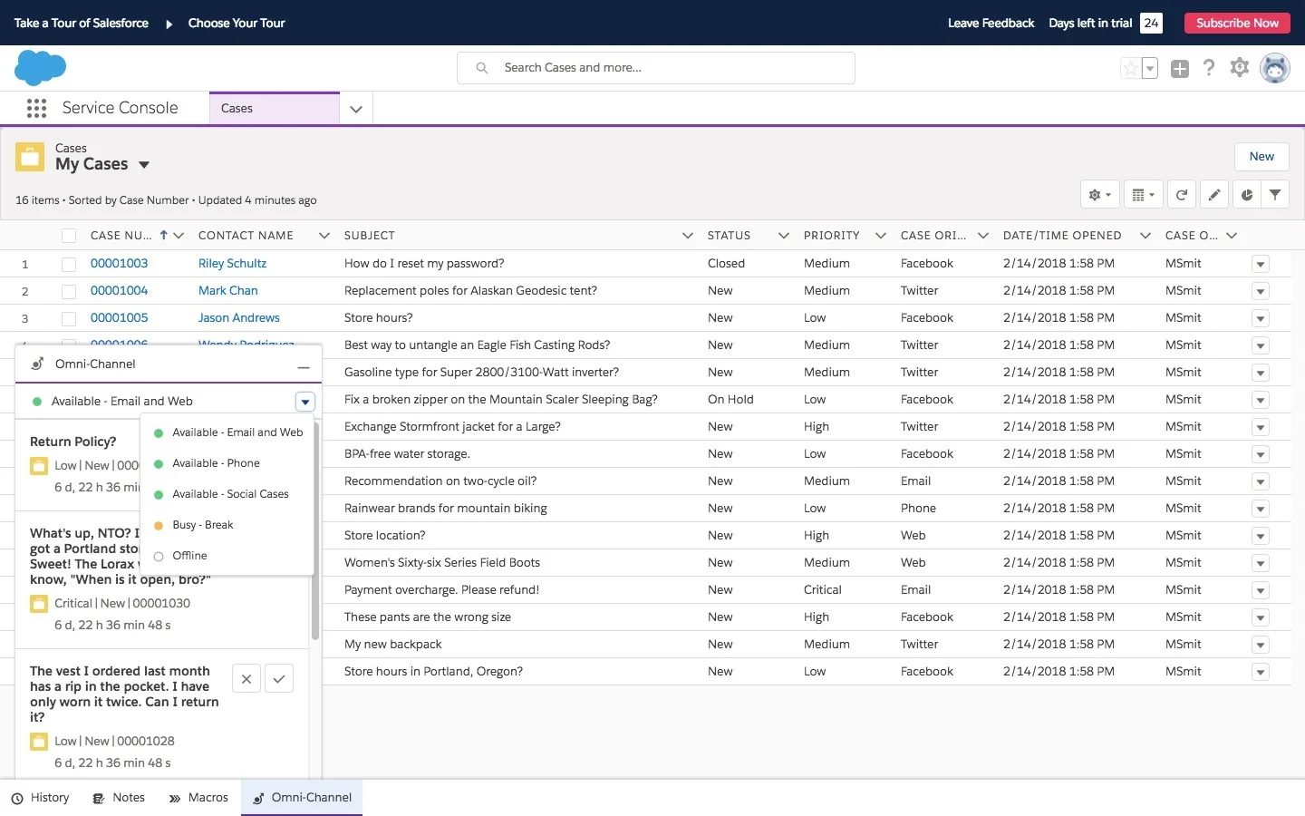 Una vista de lista mostrando casos en la consola con el componente OmniCanal abierto a la izquierda, mostrando casos, consultas por teléfono y email llegando por una sola vista de consola.