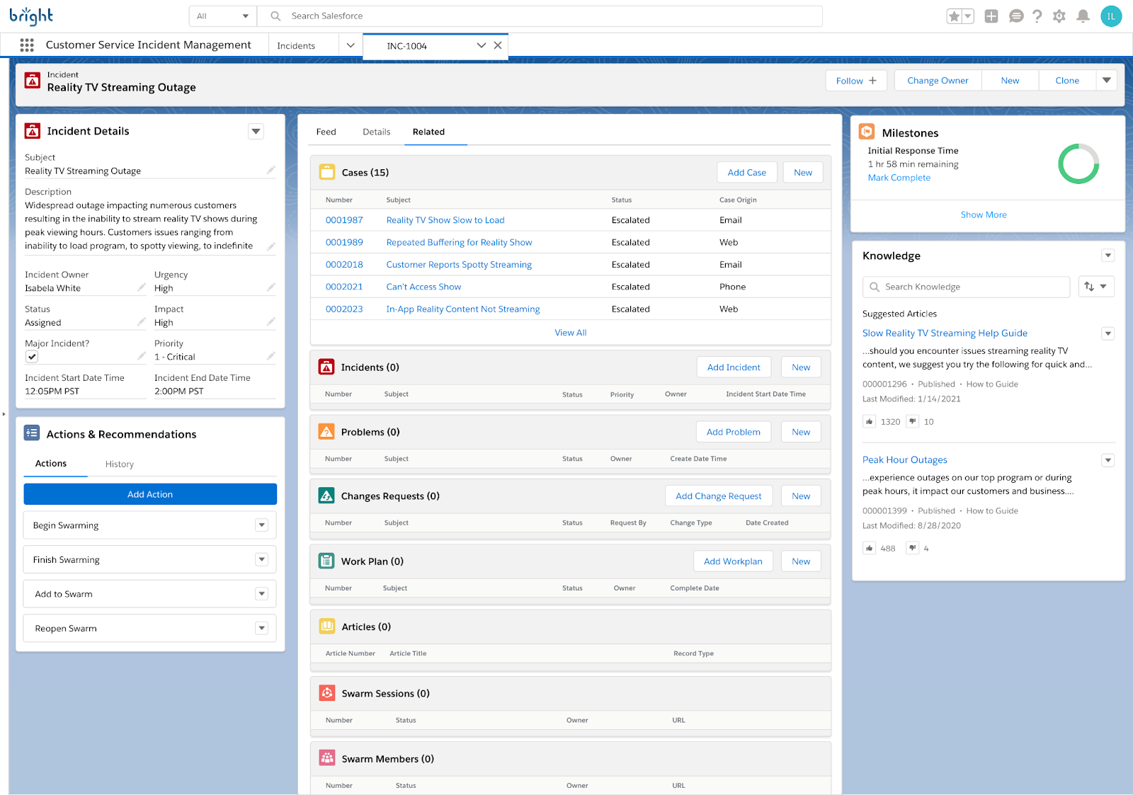 Um Service Console exibindo uma barra lateral do Knowledge.