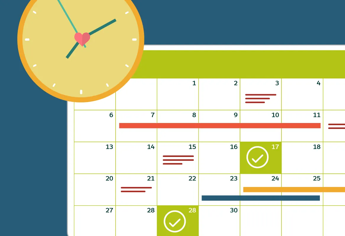 Calendar with Milestones highlighted, and clock representing the amount of time required to implement features.