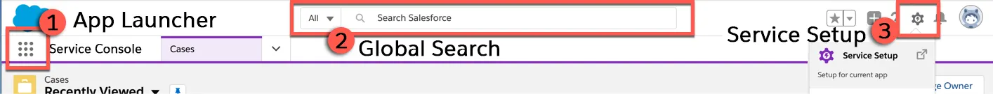 Detail of Service Cloud Console homepage highlighting (1) App Launcher icon, (2) Global Search Bar and (3) Service Setup menu