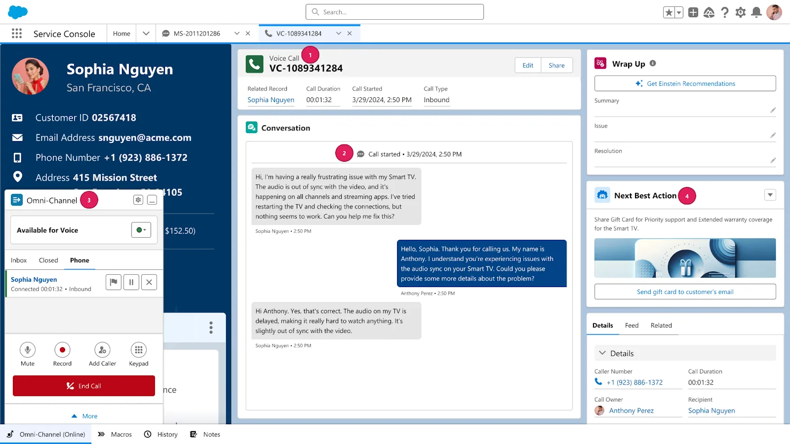 The console with key Service Cloud Voice features pointed out.