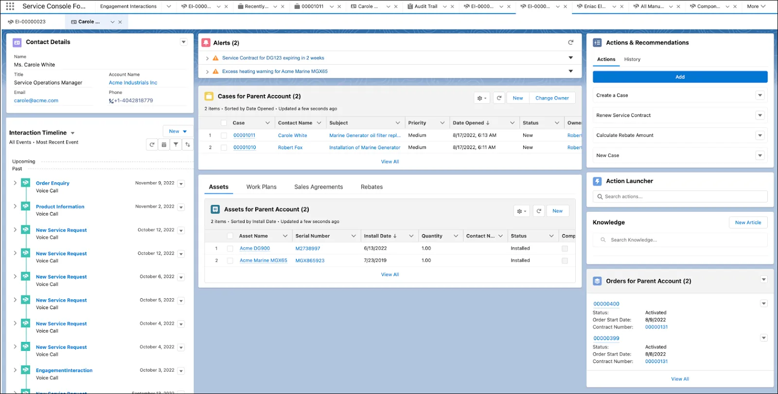 The service console page showing related lists for Assets, Sales Agreements, Rebates, Work Plans, and Orders