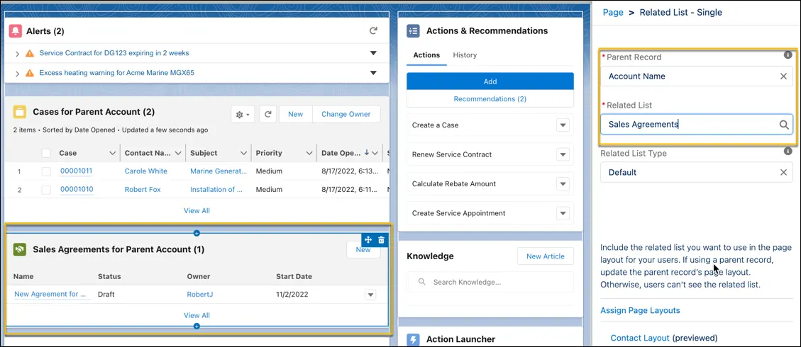 The Related List-Single component added to the Contact page layout for the service console.