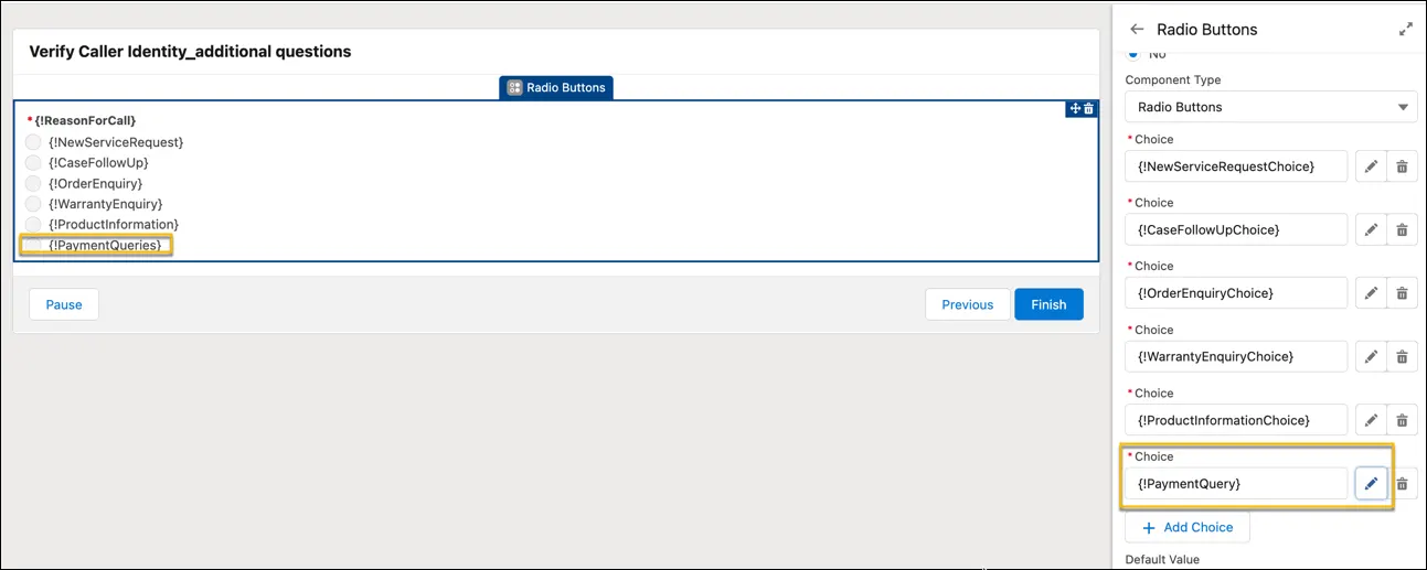 [Verify Caller Identity (通話者 ID を検証)] フローの [Radio Buttons (ラジオボタン)] 要素