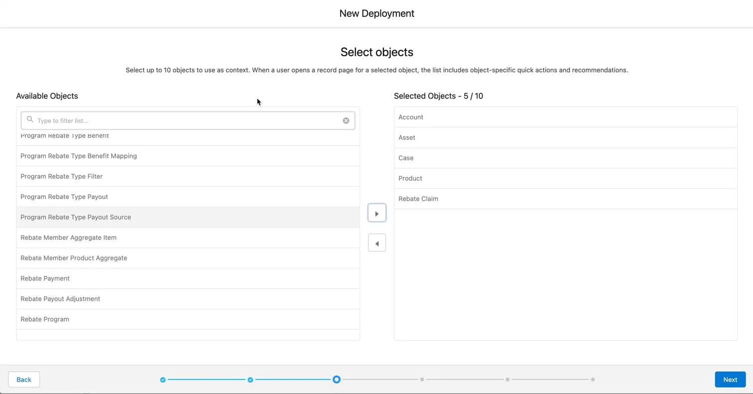 The Select objects page showing list of objects that act as context for actions and recommendations