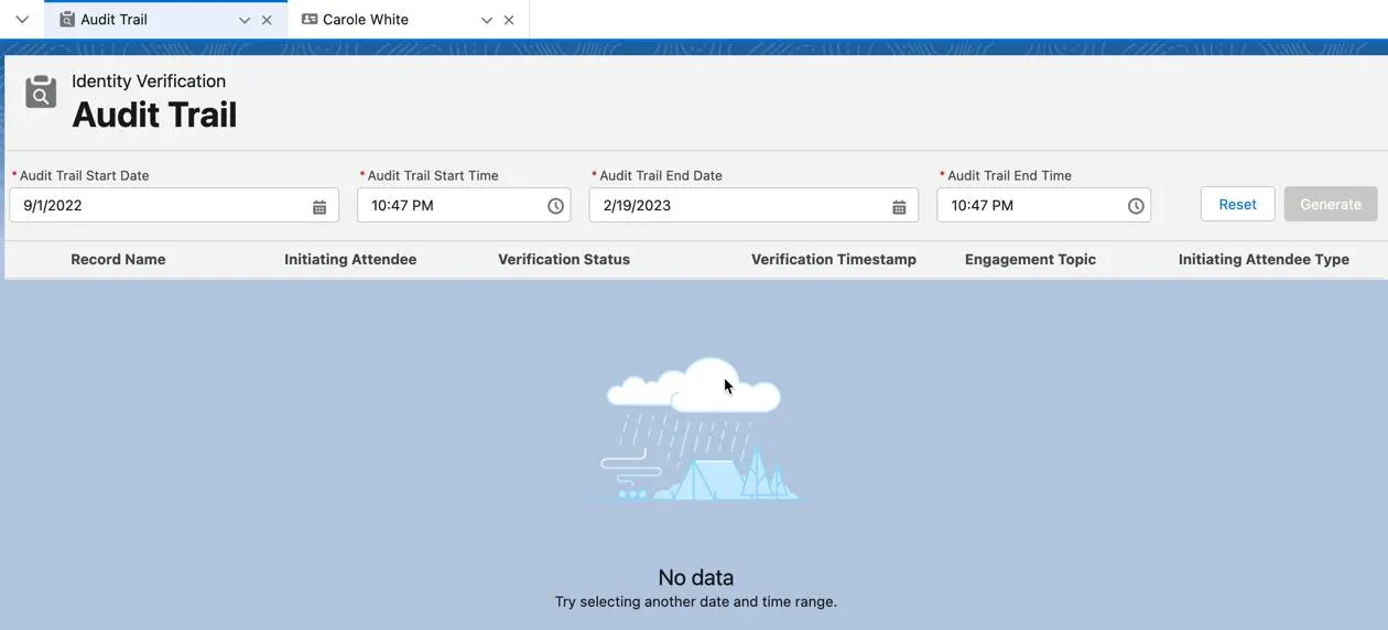 The Audit Trail tab showing filters that can be used to find required interaction records.