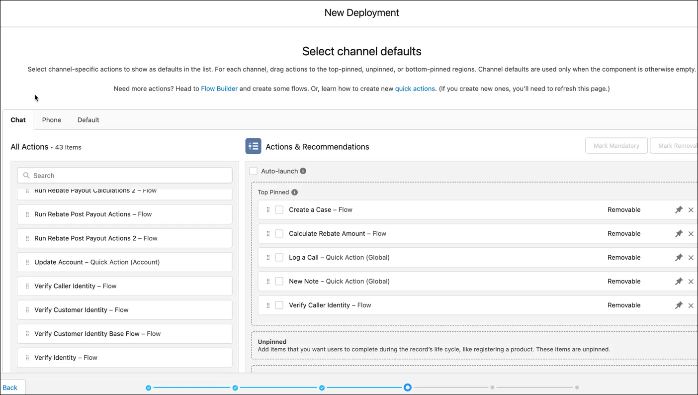 The Select chanel defaults page showing default actions and recommendations for each channel type