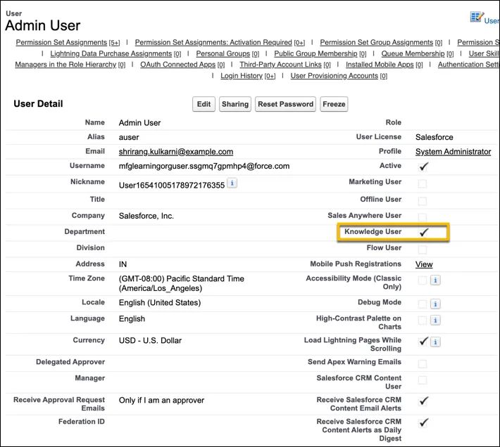 The Knowledge User checkbox on a User record page.