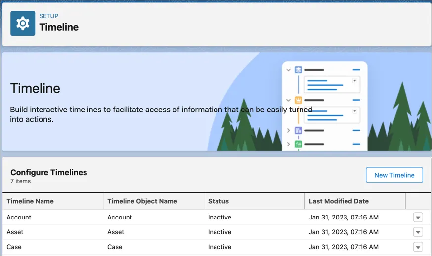 The Timelines page in Setup.