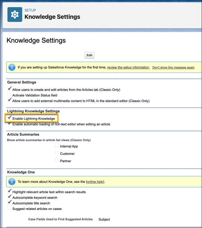 The Knowledge settings in Setup.