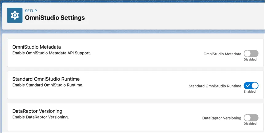 The OmniStudio Runtime feature toggle in Setup.