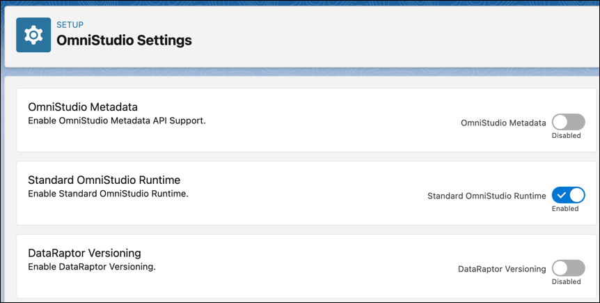The OmniStudio Runtime feature toggle in Setup.