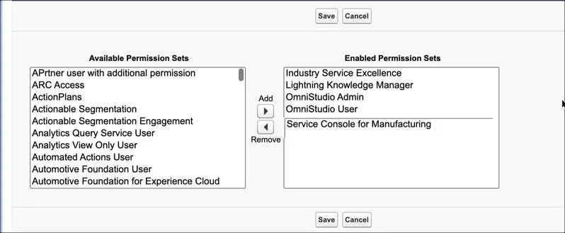 List of permission sets you require to use Service Console for Manufacturing and its related components.