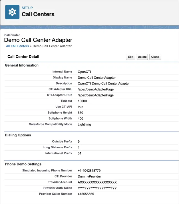 Call Center details in Setup.