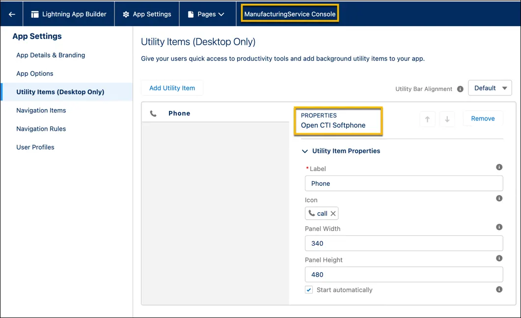 Open CTI Softphone utility item added to the Service Console for Manufacturing app.