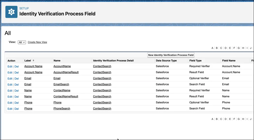 The predefined Identity Verification Process Field records for Manufacturing Cloud.