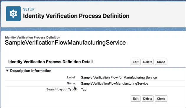 The predefined Identity Verification Process Definition record for Manufacturing Cloud.