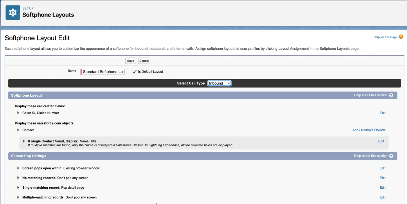 Softphone properties defined in Setup.