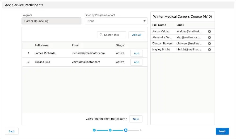 The Add Service Participants step in the service schedule component