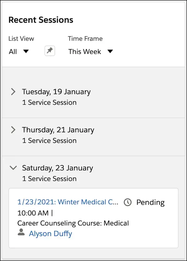 The Recent Sessions element, including the Winter Medical Careers Course and two other service sessions