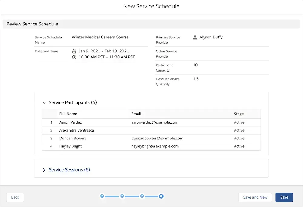 The Review Service Schedule step in the new service schedule component