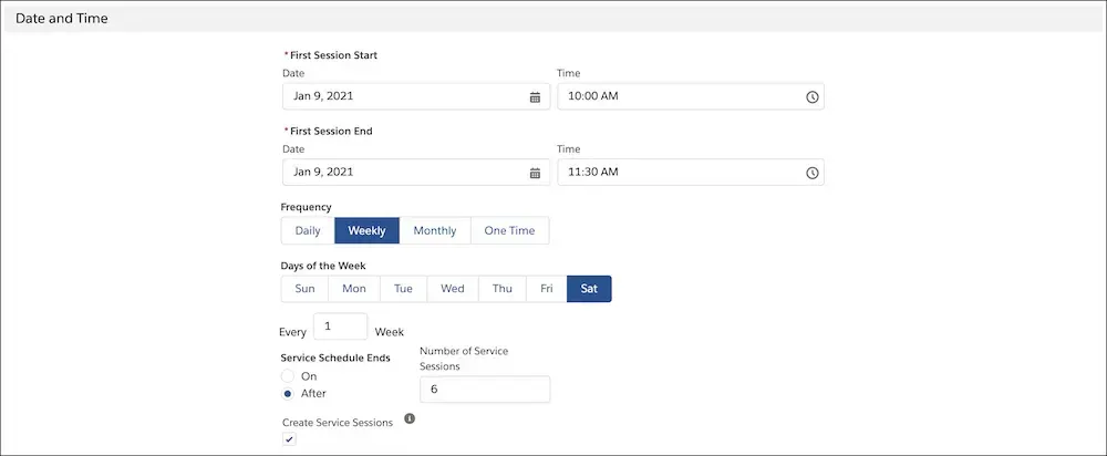 The Date and Time scheduling area in the service schedule component